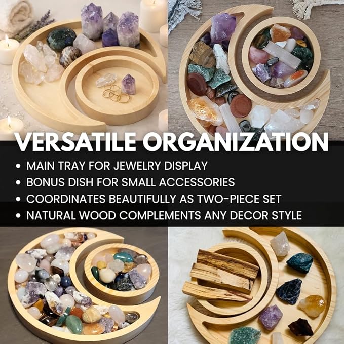 Natural Pine Wood Moon Crystal Display Tray with Dish - Wooden Altar Tray 9.6" x 4.2" for Crystals and Stones Storage - Solid Wood Jewelry Organizer - Bohemian Spiritual Decor