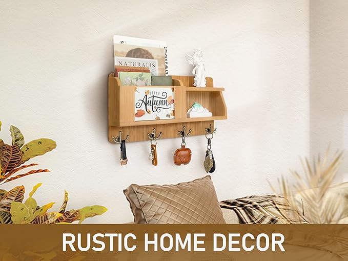 Rebee Vision Farmhouse Key Holder for Wall - Mail Organizer with Chalkboard with 4 Hooks - Rustic Key Hanger for Home Decor