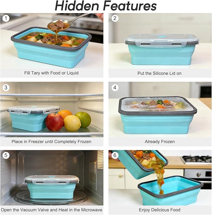 Guyuyii 4 Pack Collapsible Food Storage Containers with Lids | Airtight Meal Prep Bowls for Camping & RV | Microwave, Oven, & Dishwasher Safe (BPA-Free) | Space Saving Alternative to Freezer Tray