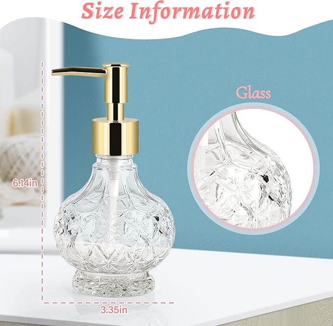 Glass Hand Soap Dispenser Bathroom with Rust Proof Pump for Kitchen Dish Soap, Hand Soap, Essential Oil & Lotion (New Gold)