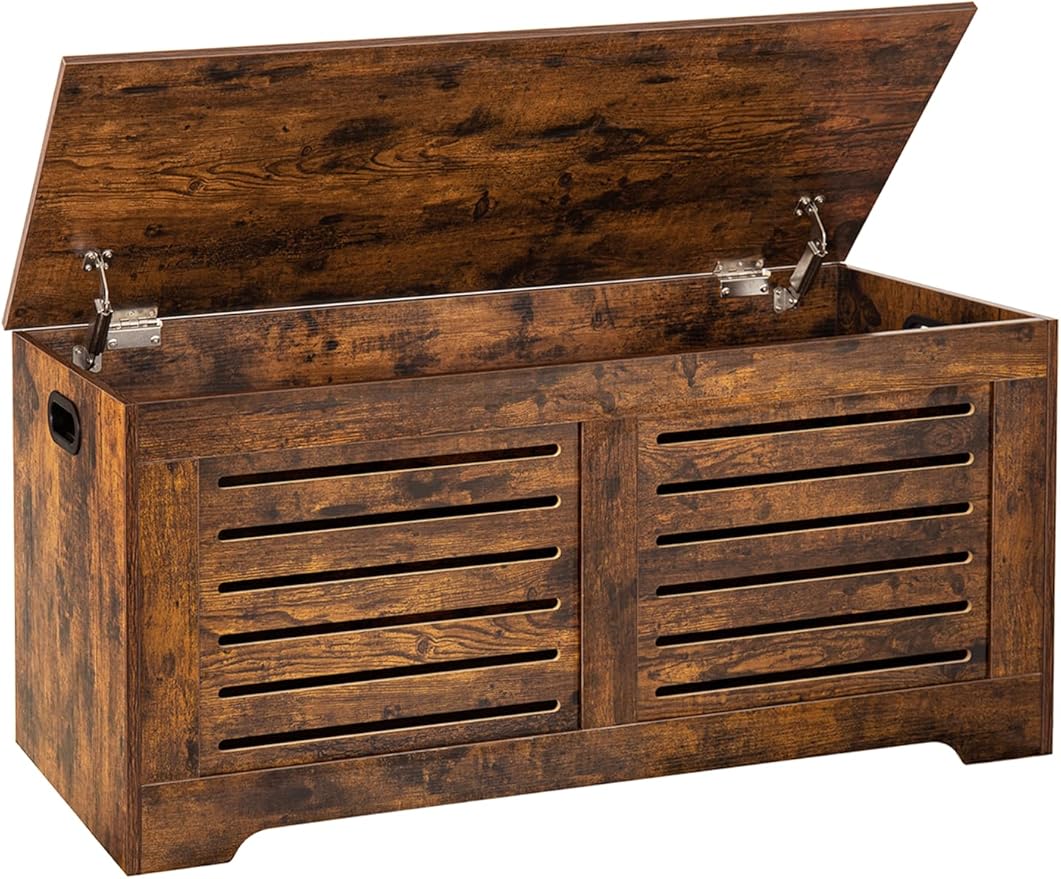 DINZI LVJ Storage Chest, 43.3â Wooden Toy Box with 2 Safety Hinges, Retro Entryway Shoe Storage Bench with Flip-Top, Sturdy Large Storage Trunk for Living Room, Bedroom, Easy Assembly, Rustic Brown