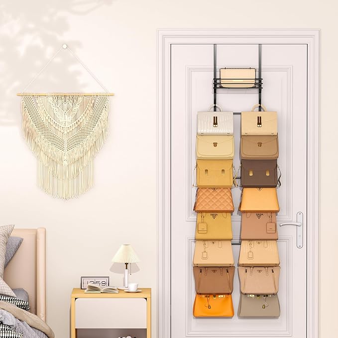 Over The Door Purse Organizer with 16 Hooks and Metal Basket - Space-SavingPurse Rack and Bag Organizer for Closet，Door - Handbag and Purse Storage