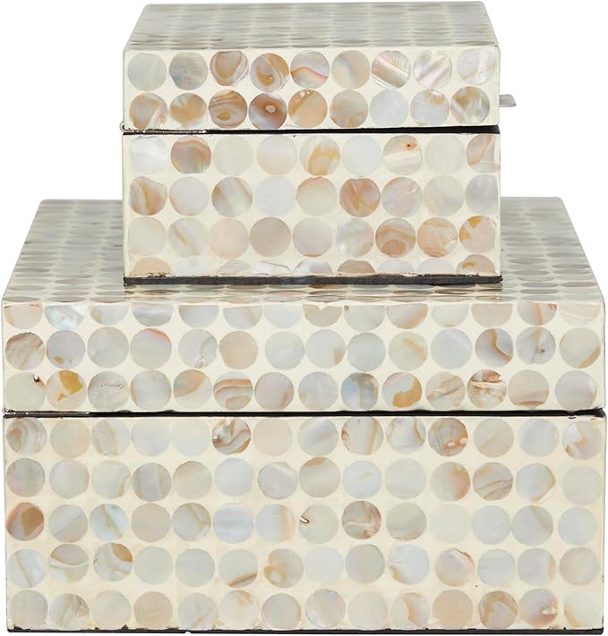 Deco 79 Mother of Pearl Shell Geometric Handmade Decorative Box Decorative Keepsake Boxes with Hinged Lid, Set of 2 Storage Boxes 12", 8"W, Cream
