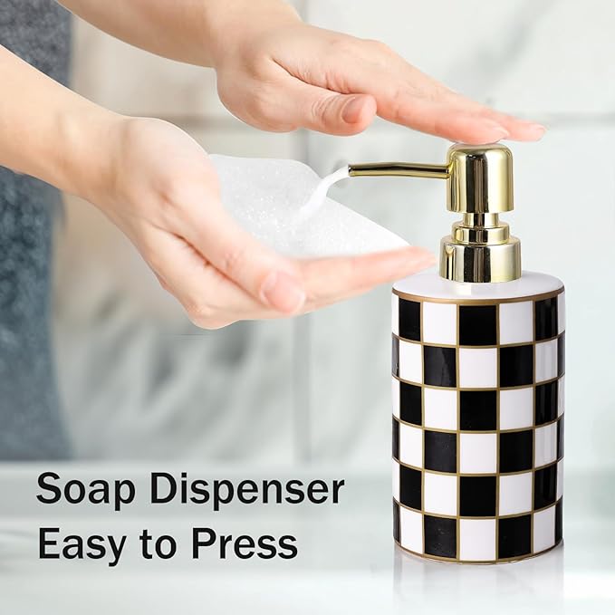Checkered Bathroom Soap Dispenser,Gold Pump Ceramic Soap Dispenser,Kitchen Checkerboard Empty Pump Bottle,Bath Countertop Storage Organizer,Checkered Bathroom Decor (Black)