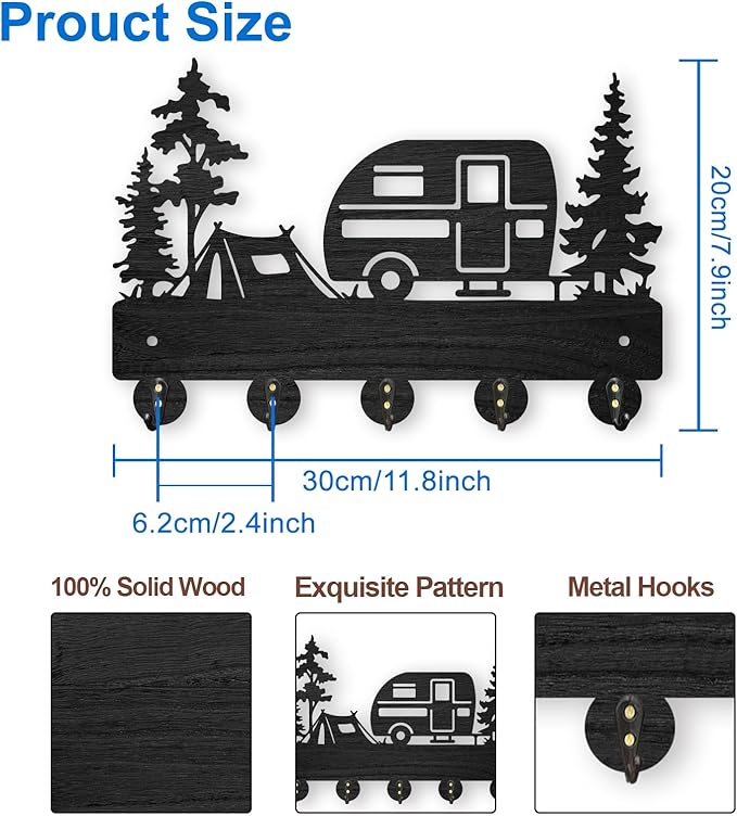 MAYJOYDIY Camping Wall Mount Coat Rack 11.8×8inch Wooden Camping Car Key Holder for Wall Outdoor Key Rack Hanger Forest Tree Key Hook 5 Alloy Hooks for Camping Decor Accessories Travel Trailers Gift
