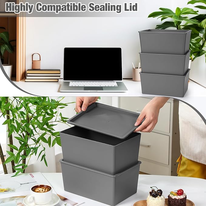 Menkxi 6 Pcs Storage Bins with Lids Small Plastic Storage Containers Stackable Storing Baskets Box Cute Organizer Bins for Organizing Shelves (Gray)