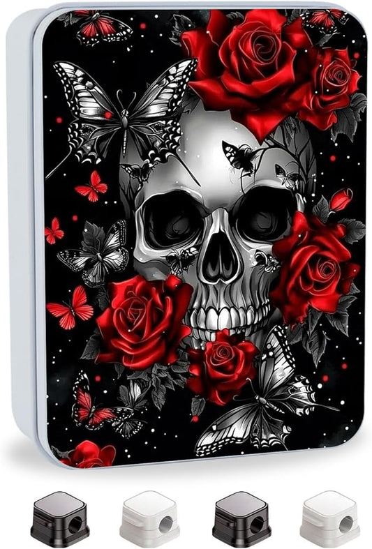 Metal Tin Box with Lid,Multi-functional Storage Box Can Store Tea Biscuits Game Cards, Playing & Tarot Cards-Comes with 4 Magnetic Cord Clips,Skull Roses Butterfly