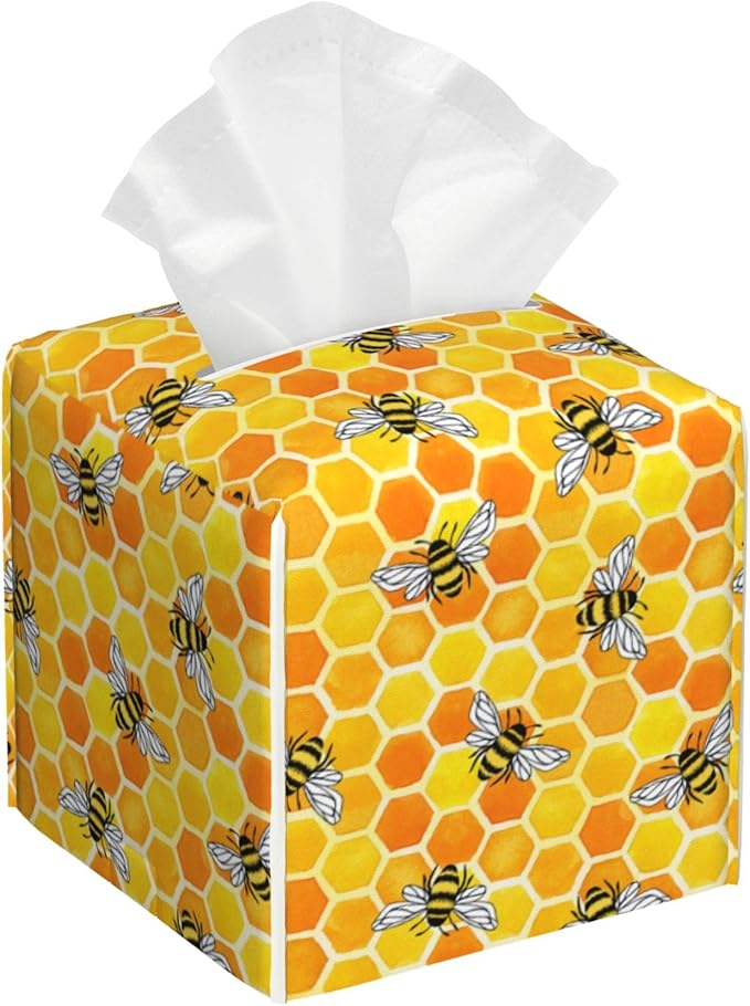 Tissue Box Cover Honeycomb and Bees Leather Tissue Box Holder Cube Paper Case Cover Facial Paper Organizer Dispenser for Bathroom, Vanity Countertop, Office Desk