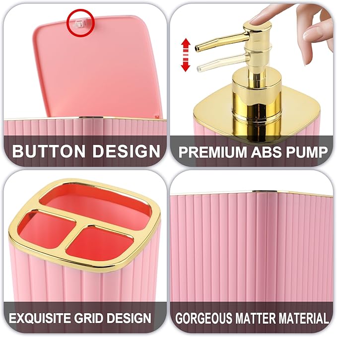 Bathroom Set with Shower Curtain and Rugs- 25PC Bathroom Accessory Set, Pink Bathroom Set, Toilet Brush, Trash Can, Qtip Holder & Soap Dispenser