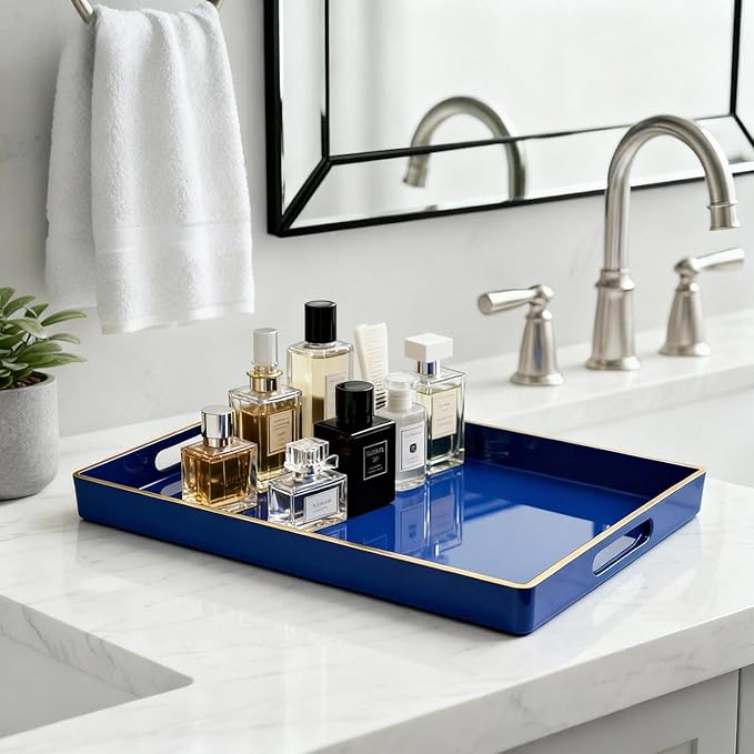 Zosenley Decorative Tray, Rectangular Plastic Tray with Handles, Modern Vanity Tray and Serving Tray for Bathroom, Kitchen, Ottoman and Coffee Table, 15.6â x 10.2â (Drak Blue)