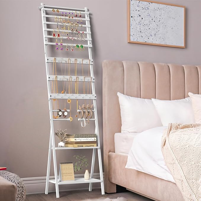 Jewelry Stand Organizer, Jewelry Holder Organizer, Floor Standing Jewelry Armoire White Large Hanging Jewelry Stand with Earring Organizer Necklace Holder