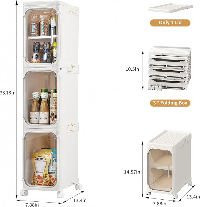 Narrow Bathroom Storage Cabinet with Wheels,3 -Tier Plastic Slim Organizer with Adjustable Shelves for Small Spaces,Bathroom, Kitchen, Milky White