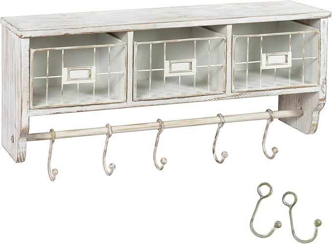 HBCY Creations Wall Mounted Shelf with Coat Hooks and Baskets, Solid Wood Entryway Organizer Wall Shelf with Hooks - Hang Coats, Keys or Coffee Mugs, Rustic Whitewashed 24" Wide
