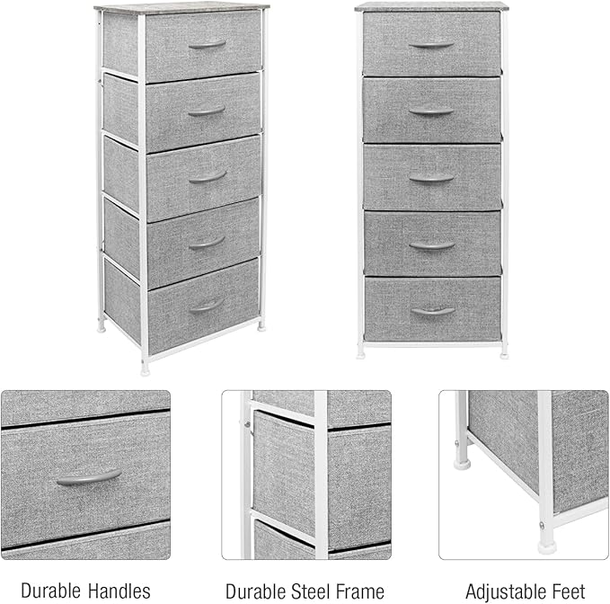 Sorbus Nightstand with 5 Drawers - Bedside Furniture & Night Stand End Table Dresser with Steel Frame, Wood Top, Easy Pull Fabric Bins for Home, Bedroom Accessories, Office & Dorm