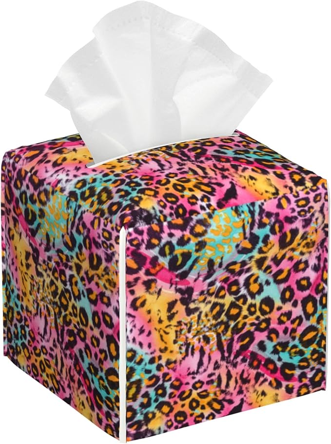 Rainbow Colored Leopard Tissue Box Cover Leather Tissue Box Holder Square Facial Paper Organizer Dispenser for Bathroom Kitchen Bedroom Vanity Countertop Night Stands
