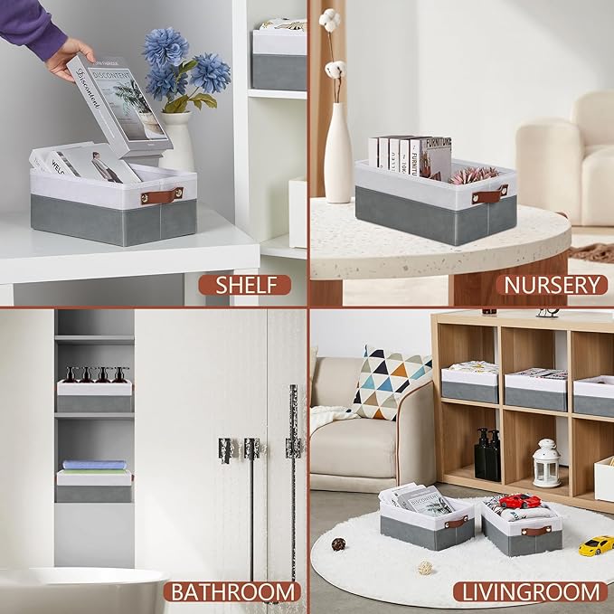 HNZIGE Fabric Storage Bins for Organizing Shelves, 6 PCS Small Foldable Closet Bins with Handles, Home & Office (White & Gray, 11.8 x 7.8 x 5.1)