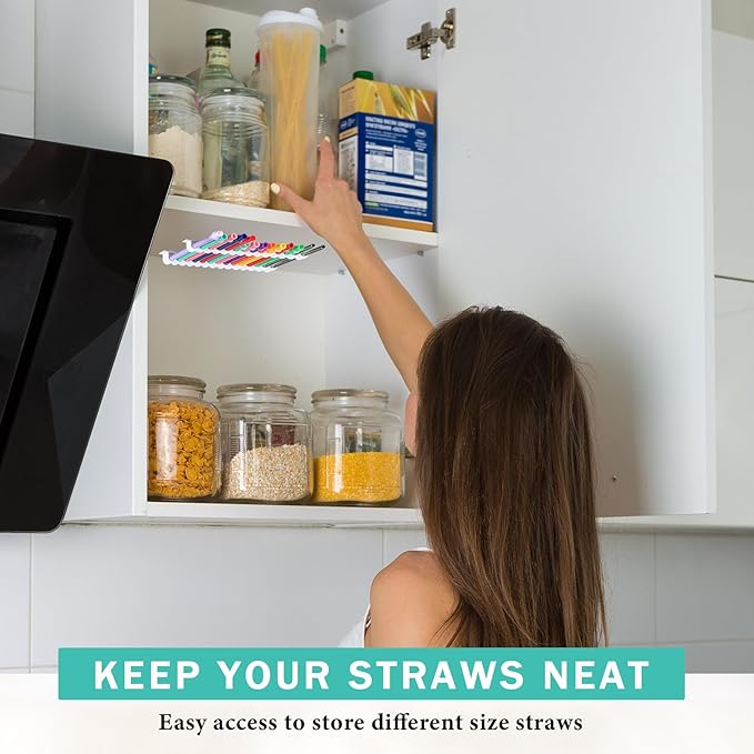 Baderke Straw Holder for Cabinet Reusable Straw Organizer with Double Sided Adhesive Tape Screws Storage Container for Kitchen Counter Cupboard(White,Classic)