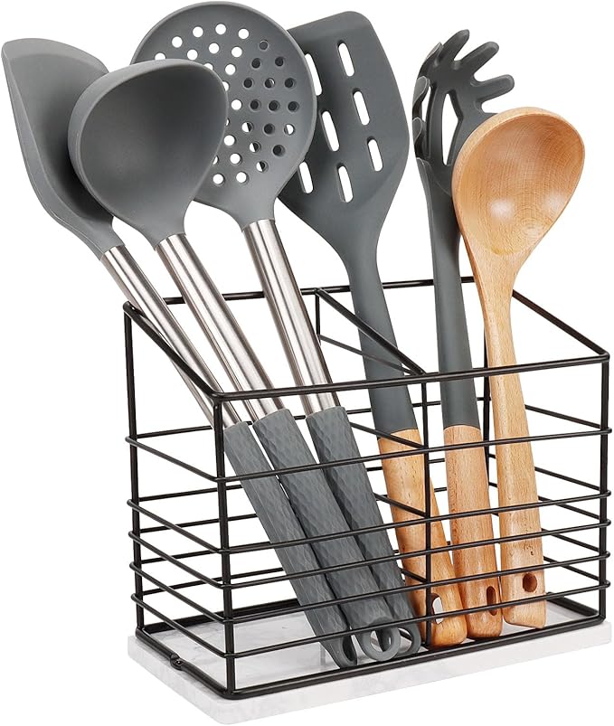 Utensil Holder for Kitchen Counter, Metal Utensil Holder Rack for Kitchen Countertop, Cooking Tools Storage for Spatula, Utensil Organizer with Marble Base, and Drainage Hole (Black Marble)