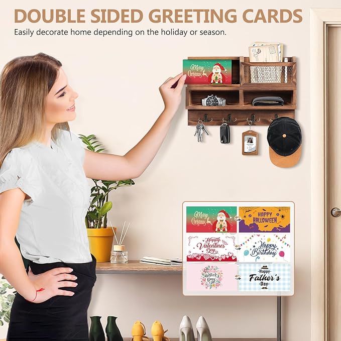 Key Holder Wall Mount, Wooden Mail and Key Organizer with Chalkboard and Mirror, 3 Greeting Cards, 8 Hooks, Brown, Type 1