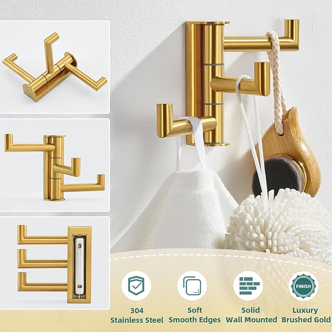 APLusee Swivel Towel Hook, 304 Stainless Steel Foldable Clothes Hook with Multi Three Rotating Arm, Flexible Bathroom Kitchen Storage Hanger Wall Mounted, Brushed Gold