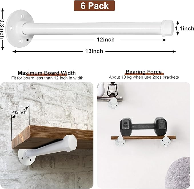 6 PCS Industrial Pipe Clothes Bar 12 Inch - Pipe Clothing Rack Wall Mount - Face Out Closet Rods for Hanging Clothes Commercial Retail Boutique Laundry Shirt Display - White