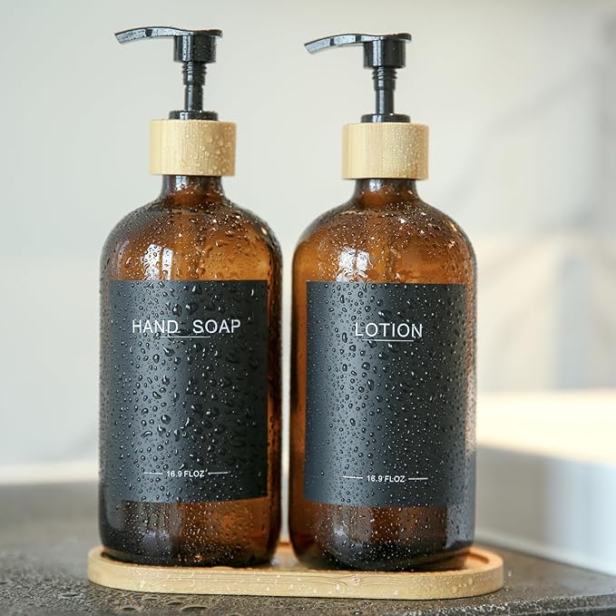 Amber Glass Soap Dispenser with Bamboo Pumps&Tray&Labels, Hand Dispenser, Lotion Dispenser, Dish Soap Dispenser for Kitchen Sink. (Amber)