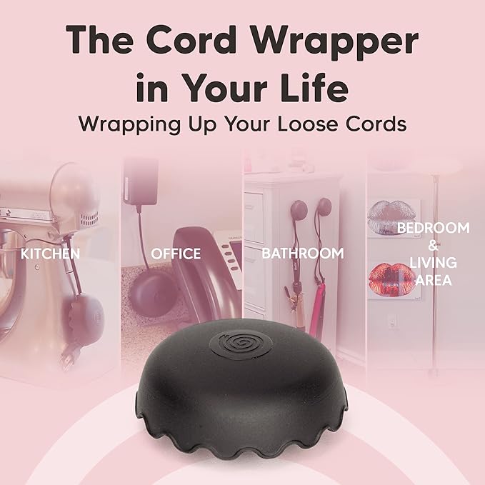 6-Pack Patented Heat-Resistant Cord Organizer for Appliances, Kitchen, Computers & More | Stick-On Cord Wrappers with Flexible Base, Secure Scalloped Edge, Black (3 x 1.5 Inches)