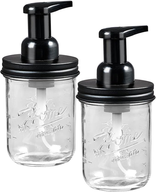 SheeChung Mason Jar Foaming Soap Dispenser, Glass Foaming Hand Soap Dispensers, Stainless Steel Lid, Refillable Foam Soap Dispenser for Bathroom Kitchen, Farmhouse Bathroom Decor (2 Pack, Black)