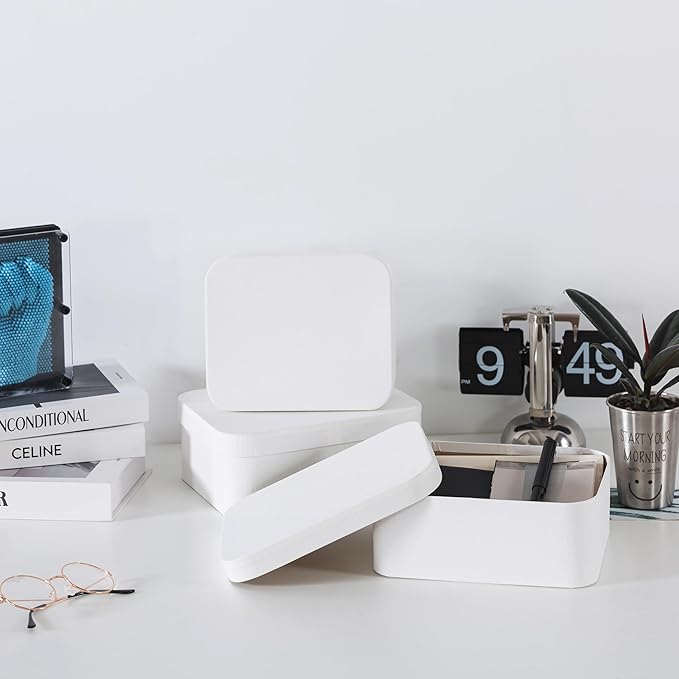 Soul & Lane Set of 3 Textured White Boxes with Rounded Edges, Decorative Cardboard Boxes with Lids, Large Nesting Paperboard Containers for Gifts, Organizing, Keepsakes
