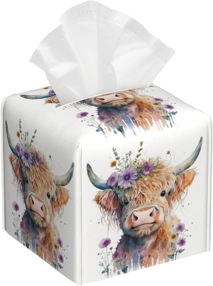 Tissue Box Holder Watercolor Highland Cow with Flowers Square Leather Tissue Box Cover Modern Cube Facial Paper Cover Case for Bathroom Vanity Countertop Night Stands Tabletop