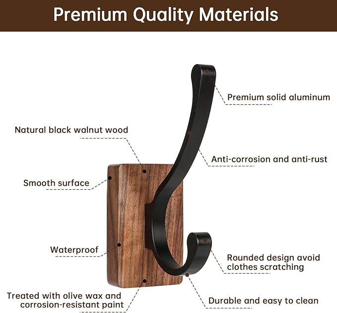 4 Pack Wooden Wall Hooks, Adhesive and Screw Mounted for Heavy Duty, Boho Decorative Coat Hooks for Towel, Clothes, Blanket, Hat, Entryway, Nursery Door