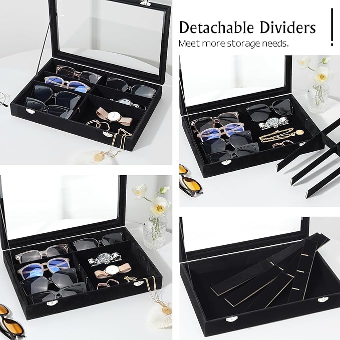 Emibele Glasses Organizer Jewelry Tray, 8 Grids with Clear Lid Velvet Tray Watch Storage Stackable Jewelry Showcase Display Storage with Detachable Inner Dividers, Black