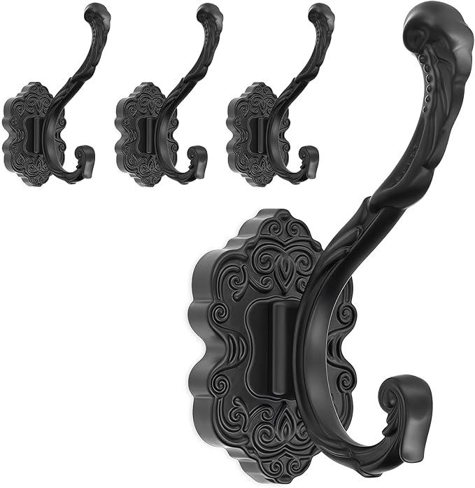 Vintage Coat Hooks Wall Mount, Unique Heavy Duty Wall Hooks for Hanging Towel Key Purse Hat Robe Clothes Decorative Hook for Bathroom Shower Closet Entryway Antique Black 4 Pack