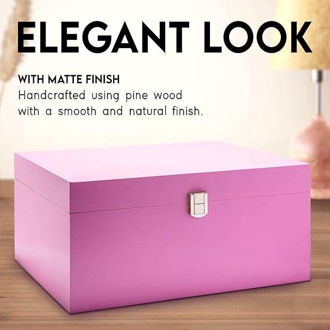 Large Memory Box For Keepsakes - Decorative Boxes With Hinged Lids, Pink Wooden Storage Box
