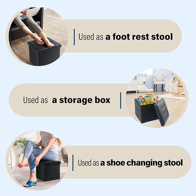 LotFancy Storage Ottoman, 2 Pack, Foldable Foot Rest Stool, 13x12x12 Inches Small Leather Bench with Storage, Holds up to 260 lb, for Living Room, Bedroom, Dorm, Black