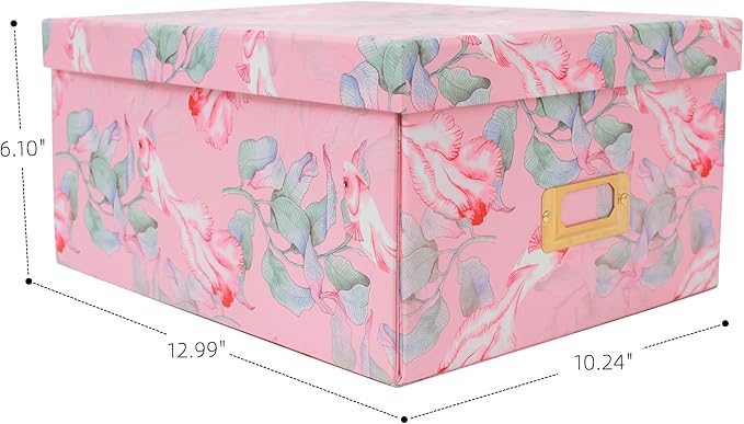 Decorative Storage Box with Lid, Foldable, Pink Floral, Metal Label Frame, Vintage, Cardboard Paperboard Keepsake box, Photo Storage for Memory, Home Decor, knick-knacks and Wool Organizer