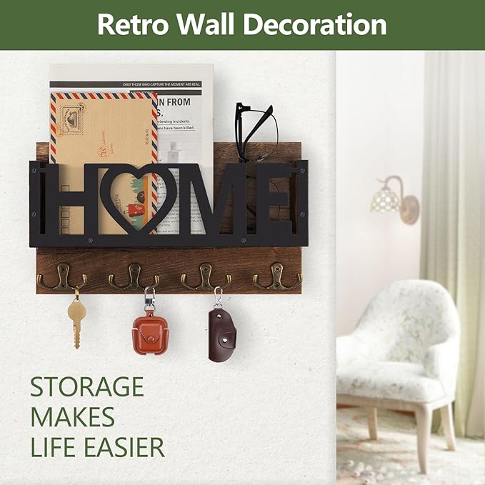 Wall Mount Mail and Key Holder, Wooden Mail Organizer with 4 Double Hooks, Black Metal Letters, Farmhouse Home Decor, Entryway Storage, 10.8 x 3.3 x 6.2 Inches