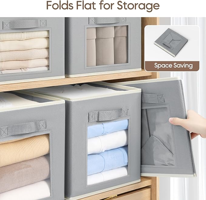 Foldable Storage Cubes - Cubby Storage Organizer with Window, 11 Inch Baskets for Organizing, Collapsible Fabric Storage Cubes for Shelves, Closet, 10 Pack, Grey