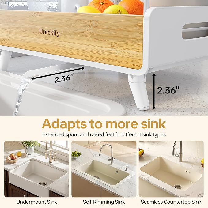 2-Tier Dish Drying Rack, Large Stainless Steel & Bamboo Dish Rack for Kitchen Counter, Dish Drainers with Adjustable Automatic Spout,Drying Rack Kitchen with Utensil Holder, White