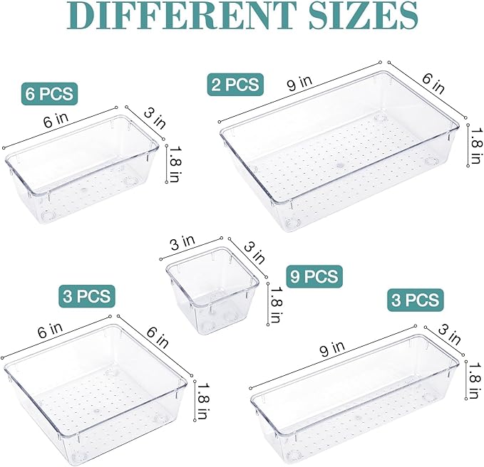 23 PCS Drawer Organizer Set, 5 Varied Size Bathroom and kitchen Drawer cabinet organizer Trays, Clear Storage Bins for Makeup, Jewelry, Utensils and Gadgets