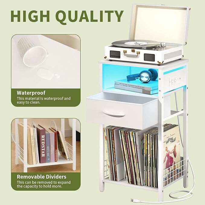 Yoobure Record Player Stand with Storage - End Table with Charging Station & LED Lights, Vinyl Record Storage Holds Up to 100 Albums, Nightstand with Drawer for Living Room Bedroom, White