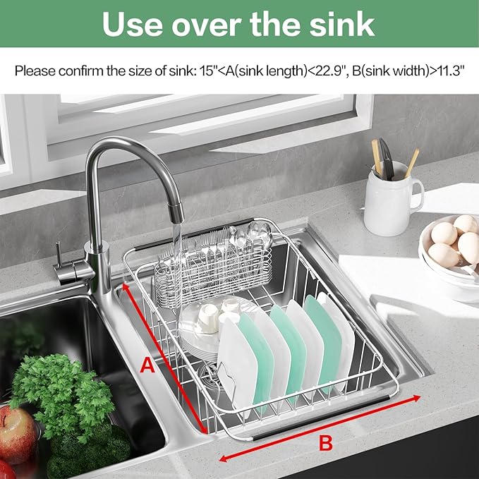 Large Sink Dish Drying Rack, Expandable 304 Stainless Steel Metal Dish Drainer Rack Organizer Shelves with Stainless Steel Utensil Holder Over Inside Sink, Rustproof