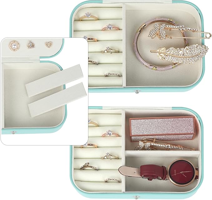 Hatori Travel Jewelry Box, PU Leather Small Jewelry Organizer for Women Girls, Portable Mini Travel Case Display Storage Holder Boxes for Stud Earrings, Rings, Necklaces, Bracelets