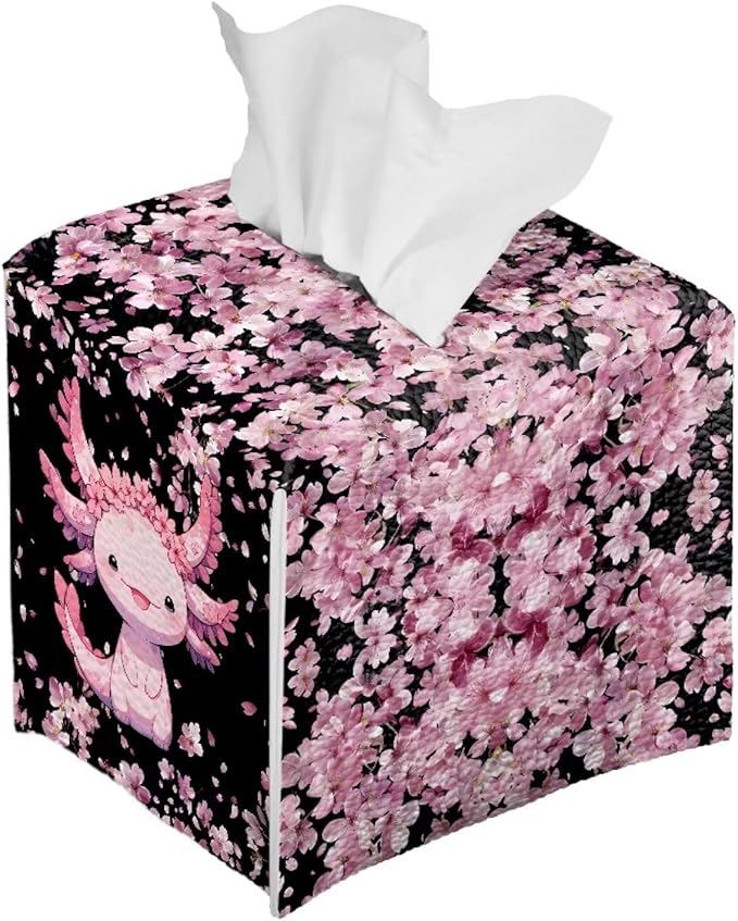 Axolotl Cherry Blossoms Tissues Cube Box Cover with Bottom Belt Decorative Tissue Box Cover for Bathroom Vanity Countertop Office Desk