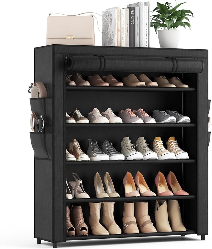 Shoe Rack with Cover, 5 Tier Shoe Organizer Storage for 20-24 Pair Shoes and Boots Large Shoe Storage Shelf Space Saving Vertical Shoe Rack for Closet, Front Door Entrance, Dorm, Garage