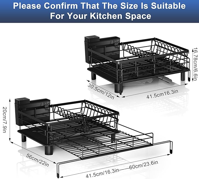 Expandable Dish Drying Rack - Stainless Steel Dish Rack for Kitchen Counter, Space Saving Dish Drainer w Utensil Holder, Drainboard(A-Black)