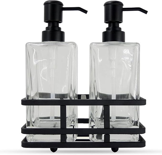 Square Glass Clear Lotion and Soap Pump Dispenser Set with Metal Stand Caddy for Bathroom Bath Kitchen Home Office Travel Hotel Hand Crafted Heavy Weight Matte Black
