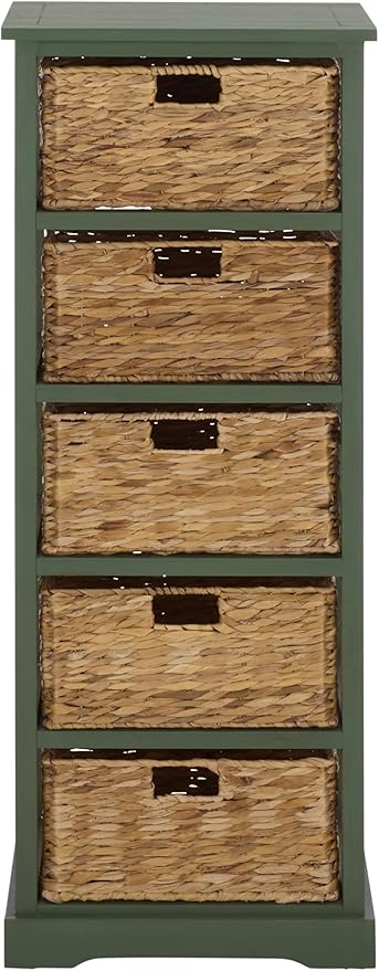 SAFAVIEH Home Collection â Vedette Dusty Green 5-Basket Storage Tower, Natural Rattan Accent Design, Fully Assembled (AMH5739J)