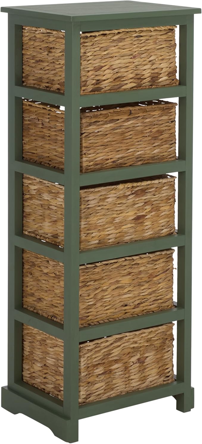 SAFAVIEH Home Collection â Vedette Dusty Green 5-Basket Storage Tower, Natural Rattan Accent Design, Fully Assembled (AMH5739J)