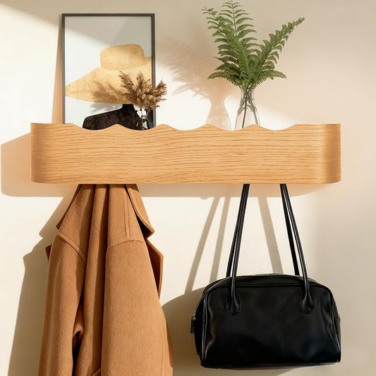 Wall Coat Rack Floating Shelves Modern Coat Rack Wall Mount with Storage Entryway Shelf Wooden Hanger 20 Inch 4 Hidden Metal Hooks for Living Room Bedroom (Wavy Oak, 5 Hooks)
